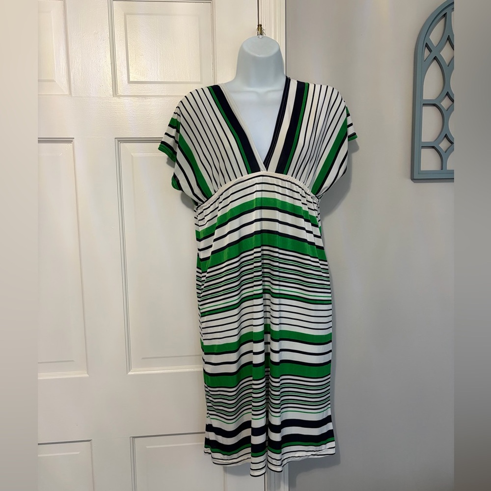 Second Skin Overalls Green and Black Striped Midi Dress